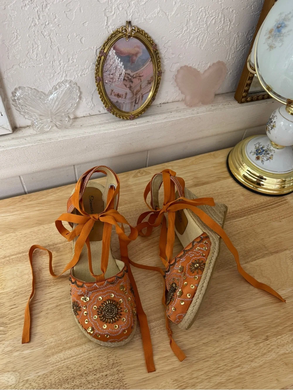 Skechers Orange Embellished Espadrille Lace-Up Wedge Sandals Size 8 Y2K Whimsy